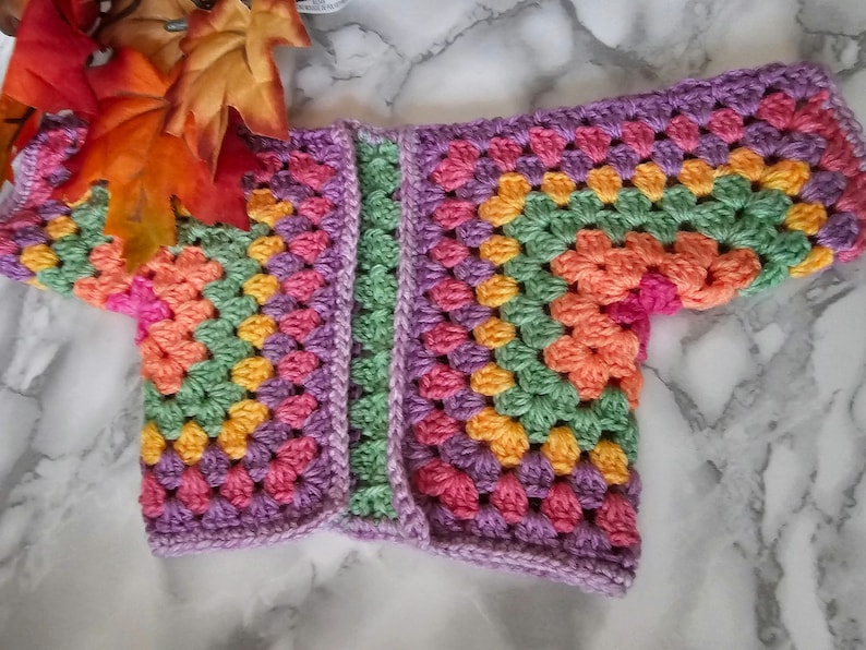 Handmade Crochet Doll Sweater for 18 Inch Doll Customizable Colors,   this is color love! color in color love are  pink, peach,  green, yellow, purple, pink,purple