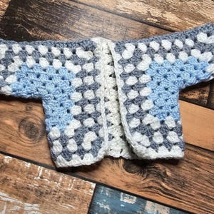 Handmade Crochet Doll Sweater for 18 Inch Doll Customizable Colors dancing in the rain. blue center, white, grey, white, grey stripes