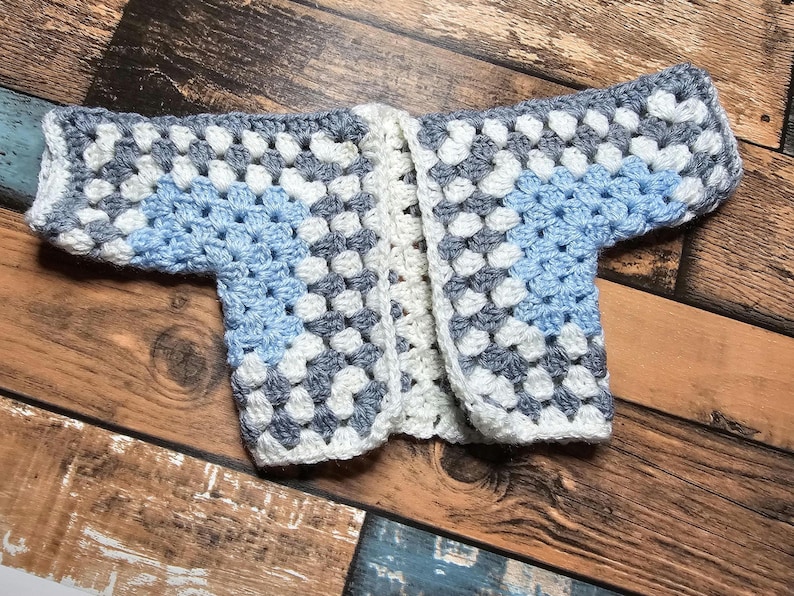 Handmade Crochet Doll Sweater for 18 Inch Doll Customizable Colors dancing in the rain. blue center, white, grey, white, grey stripes