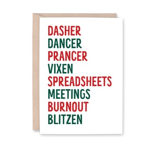May include: A white greeting card with a brown envelope. The card features a list of words in red and green, including "DASHER", "DANCER", "PRANCER", "VIXEN", "SPREADSHEETS", "MEETINGS", "BURNOUT", and "BLITZEN".