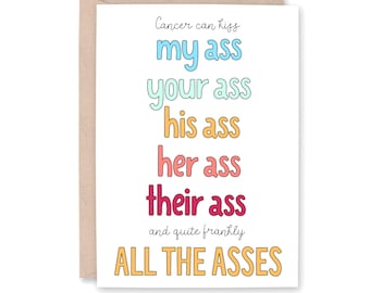 Cancer Kiss My Ass Card, Funny Cancer Card, Encouraging Cancer Card, Funny Chemo, Sympathy, Support, Card for Cancer, CANCER KISS ASS
