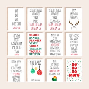 Paquete variado de divertidas tarjetas navideñas para adultos, tarjeta navideña con reno, whisky y vodka, tarjeta navideña sarcástica, paquete navideño divertido 12 x 24