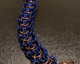 Blue and bronze bracelet done in spinal elf weave.