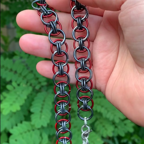 Red and gunmetal black helm chain necklace