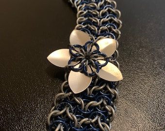 Scale flower blue and silver elf weave cuff