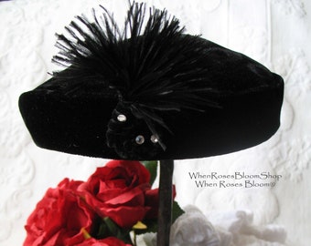 Vintage Hat Black Velvet Pill Box Mid Century 1950s Feather Rhinestone  Steampunk Cosplay  Kate Middleton Style WhenRosesBloom