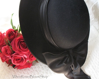 Vintage Black Hat Tailored Artsy Hat wide brim Ribbon Bow Retro Hollywood Miss Fisher Temple Doom Style Steampunk Cosplay WhenRosesBloom