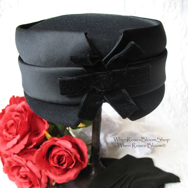 Vintage Black Hat  Wool w/Bow Classic Cocktail Pillbox Bellhop Toque with Elegant Jackie O Style 1940s-50s Cosplay WhenRosesBloom