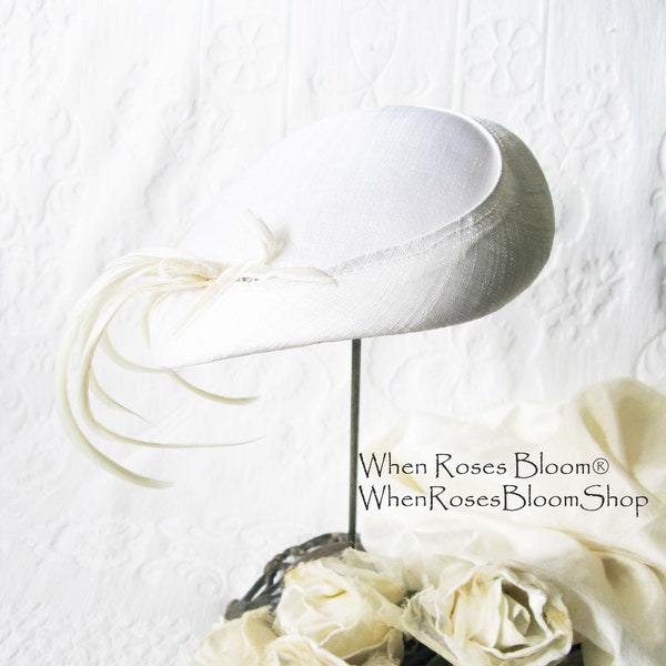 Vintage Hat White Fascinator Cocktail Tea Party Wedding Bridal Art Deco Gatsby Hat w/Feathers Mid Century WhenRosesBloom