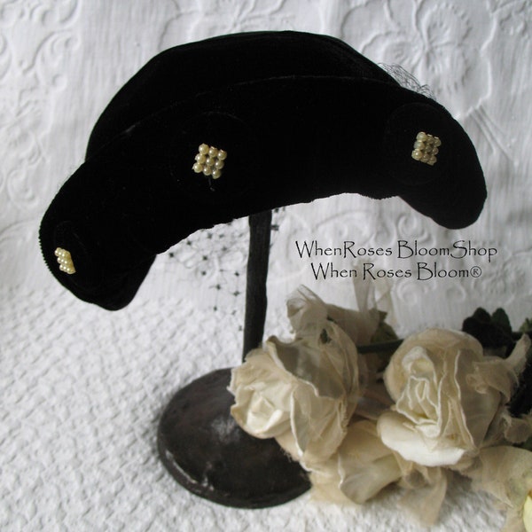 Black Velvet Hat 1950's Vintage Miss Fisher Downton Abbey Cosplay Mid Century Royal Style WhenRosesBloom