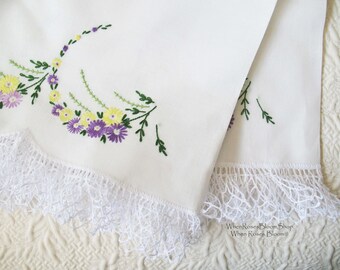 Vintage Pillowcases Pr  Crochet Lace Edges Wildflowers Trousseau NOS Shabby Chic Farmhouse Cottage Style Free Shipping in US WhenRosesBloom