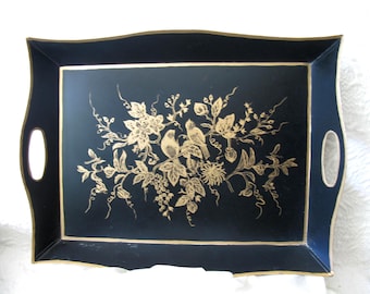 Black & Gold Metal tray French tole with birds and flowers Vintage Party Tea Time Tea Wedding Anniversary Gift Entertainment WhenRosesBloom