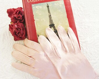 Vintage Pink Gloves 6-7 French Leather Kislav Wedding Tea Party Retro Mid Century Bridal Downton Jane Austen Retro Cosplay When Roses Bloom