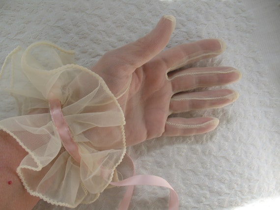 Vintage Gloves Sheer White Ruffles Pink Retro Mid… - image 5