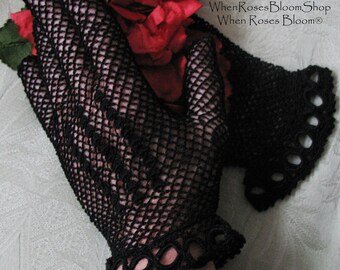 Vintage Black Crochet Lace Gloves Tea Party Elegant Steampunk Goth Victoria Downton Miss Fisher Cosplay  FREE SHIP US When Roses Bloom