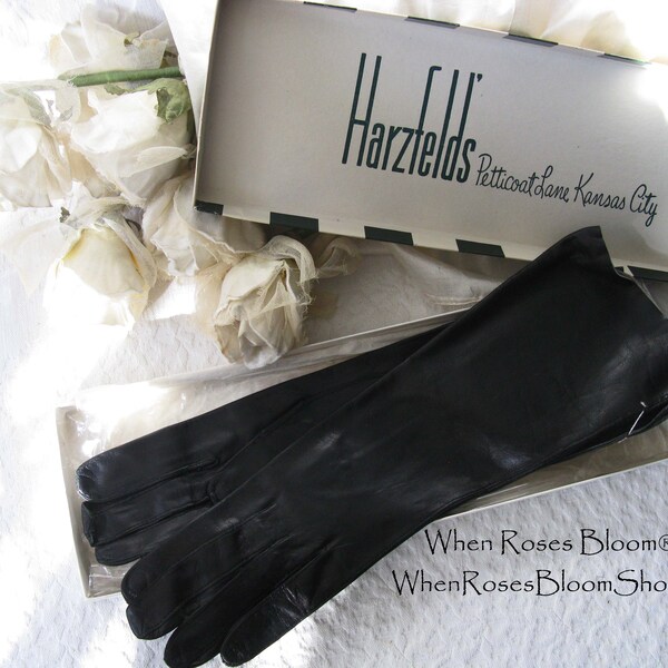 Black Leather Gloves Vintage French Size 7 1/2 Harzfeld NOS Downton Steampunk Downton  Miss Fisher 50s 60s Cosplay WhenRosesBloom