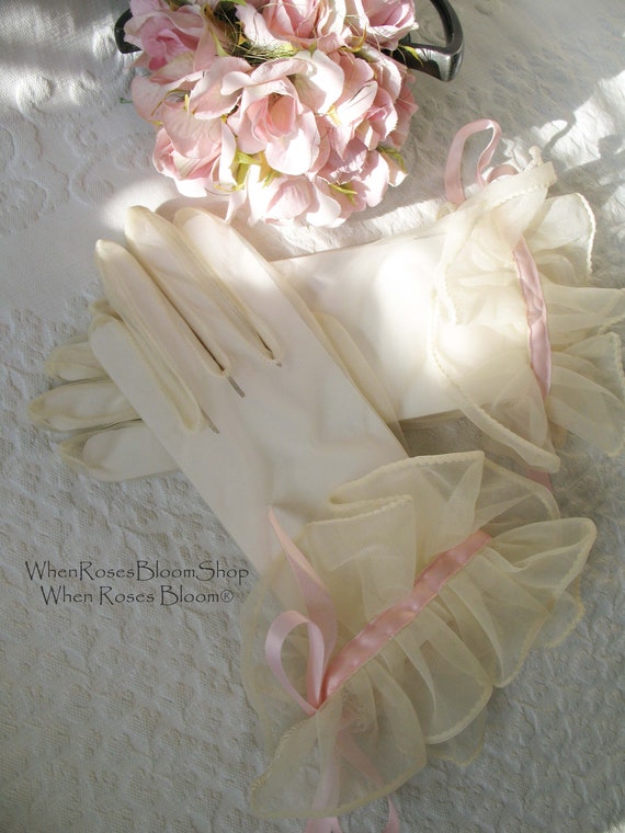 Vintage Gloves Sheer White Ruffles Pink Retro Mid… - image 1