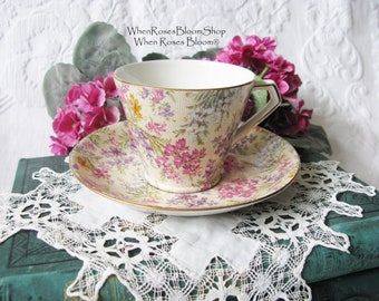 Vintage Tea Cup Chintz Pink Purple Heather Floral English Bone china Tea Cup  Downton Shabby Chic Mid Century Tea Party Gift  WhenRosesBloom