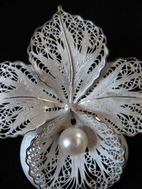 Vintage Floral Pin Brooch Silver Pearl Mid Centur… - image 3