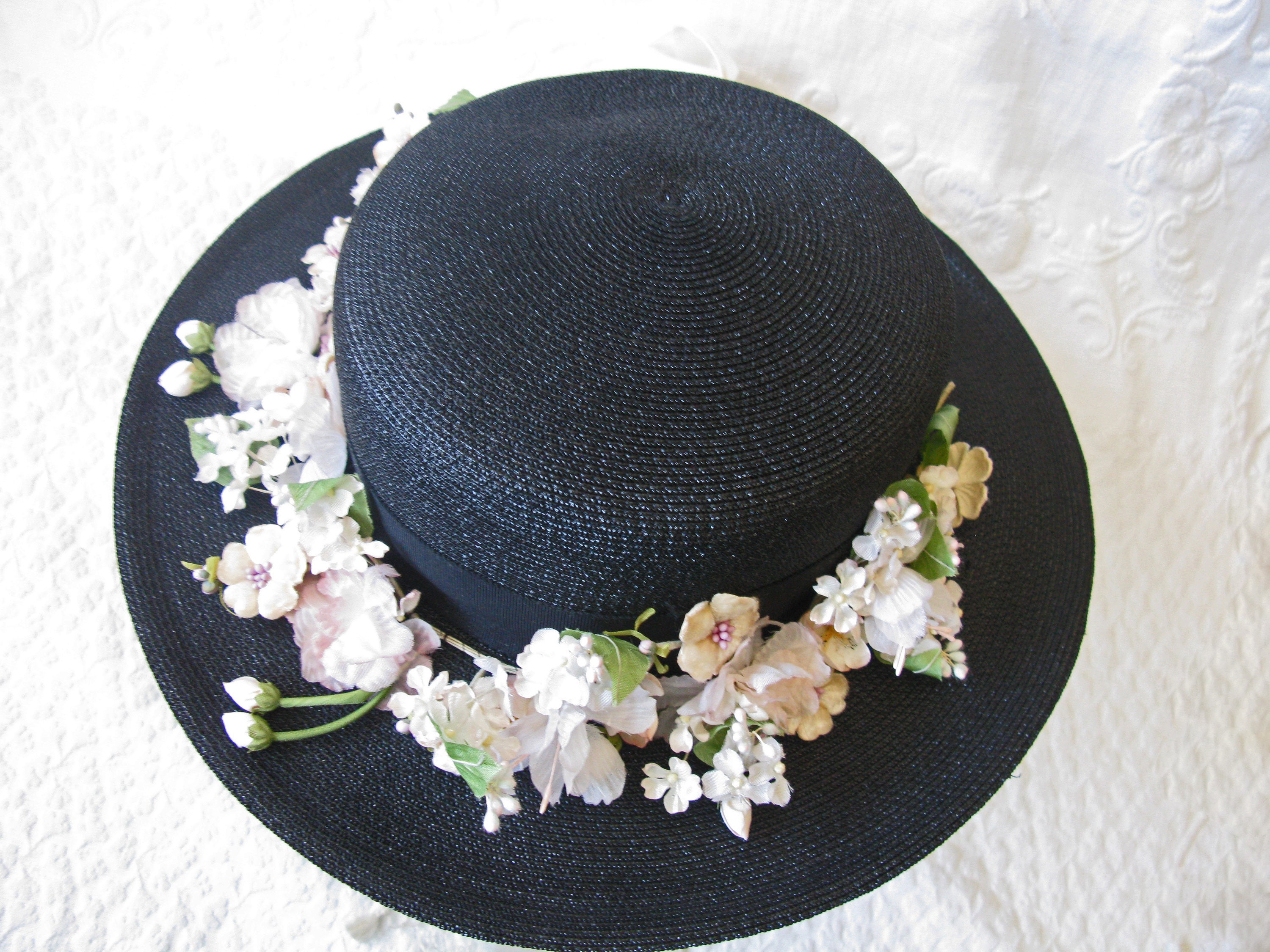 Vintage Black Straw Floral Sun Hat Wide Brim Silk Flowers Netting Garden Party Vintage Straw Wide Brim Hat: Black Flower & Braid Trim - Etsy main image 4