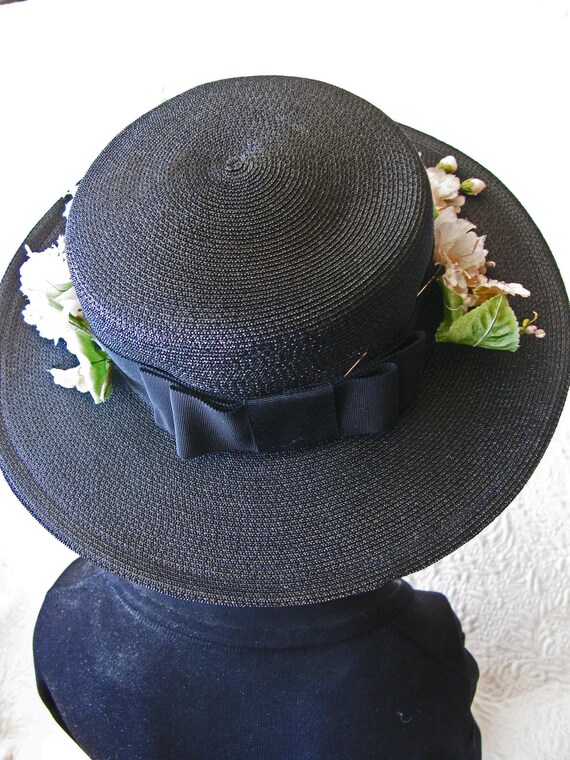 Vintage Black Straw Hat Classic  Flowers Garden T… - image 5