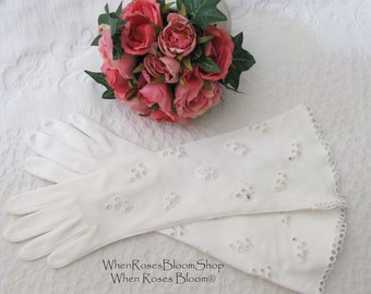 Vintage White Gloves Long Eyelet Embroidery Retro Mid Century Wedding Bride  Free Ship US Downton Austen Titanic Cosplay    When Roses Bloom