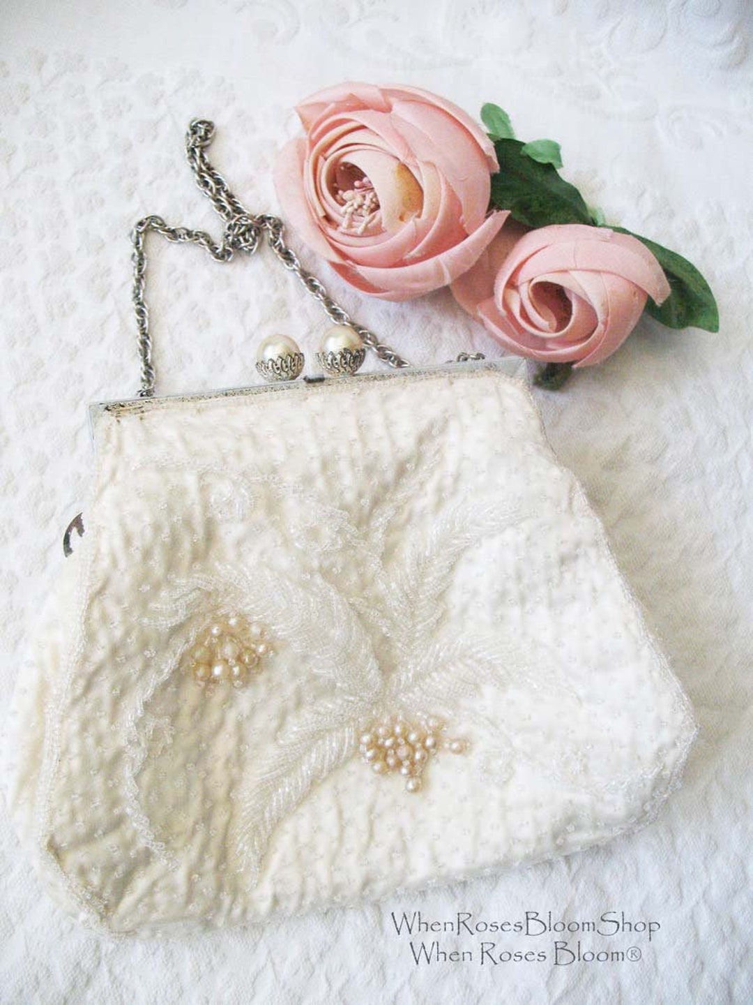 Vintage La Regale Original White Beaded Rose Evening Bag Clutch