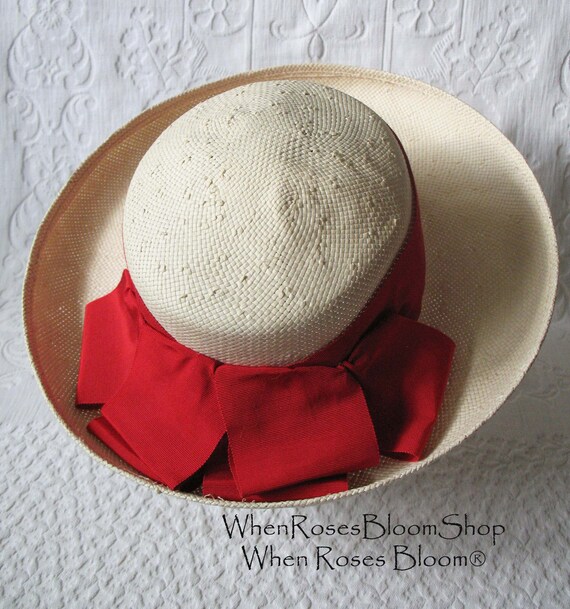 Vintage White Hat Straw Boater Panama Classic Tail