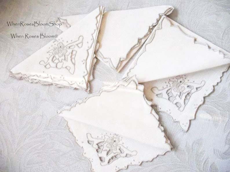 Vintage Madeira Napkins Set/4 Cutwork Embroidery Heirloom Linens NOS new old stock elegant tea napkins Shabby Chic Cottage When Roses Bloom image 1