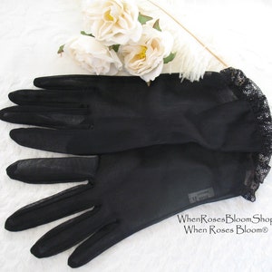 Vintage Gloves Sheer Black Sz 7.5 Retro Mid Century 40s 50s NOS Tea Dance Wedding Downton Steampunk Cosplay Free Ship US WhenRosesBloom image 1