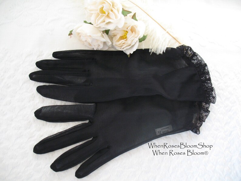 Vintage Gloves Sheer Black Sz 7.5 Retro Mid Century 40s 50s NOS Tea Dance Wedding Downton Steampunk Cosplay Free Ship US WhenRosesBloom image 1