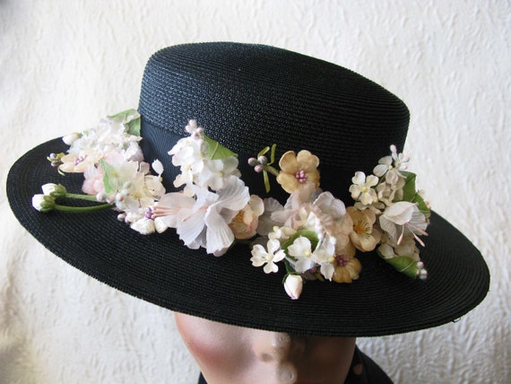 Vintage Black Straw Hat Classic  Flowers Garden T… - image 4