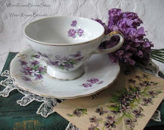 Tea Cup Footed Purple Violets Made in Japan Vintage Retro TeaTime Dainty Tea Time Gift Mid Century Shabby Chic  WhenRosesBloom Classic Tea