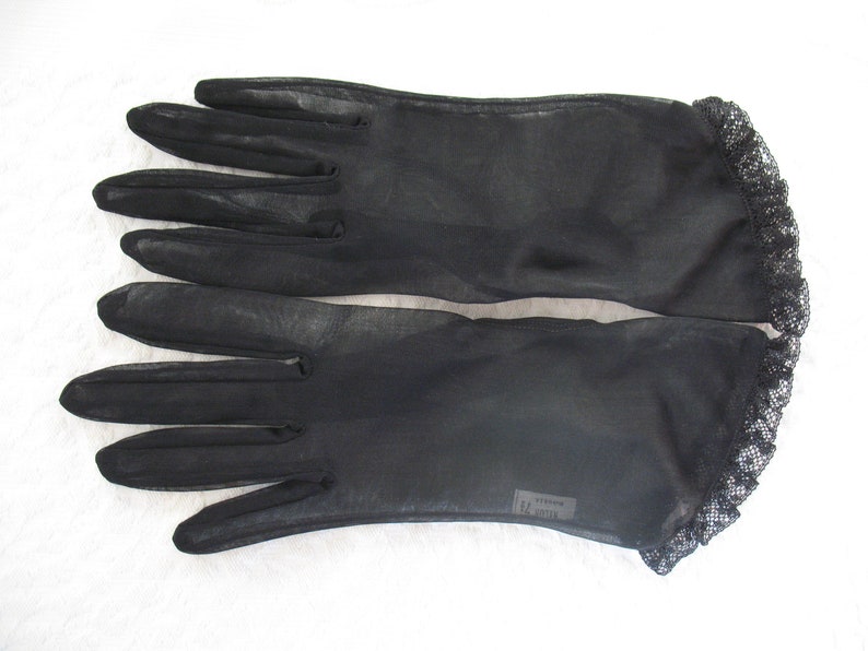 Vintage Gloves Sheer Black Sz 7.5 Retro Mid Century 40s 50s NOS Tea Dance Wedding Downton Steampunk Cosplay Free Ship US WhenRosesBloom image 6
