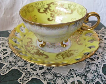 Vintage Tea Cup Royal Sealy Yellow Footed Gold Raised Paste decoration Tea Party Cottage Shabby Chic Downton Edwardian Tea  WhenRosesBloom