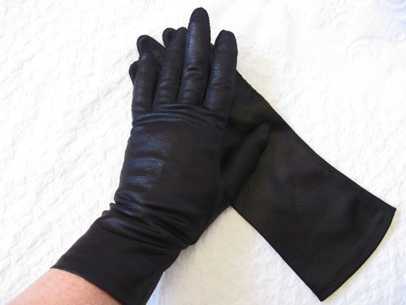 Vintage Gloves Black Sz 6 1/2 Faux Leather Vegan … - image 2