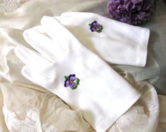 Vintage White Gloves Pansy Embroidery Wedding Classic Retro Mid Century Bride Bridesmaid Downton Austen Persephone Cosplay  When Roses Bloom