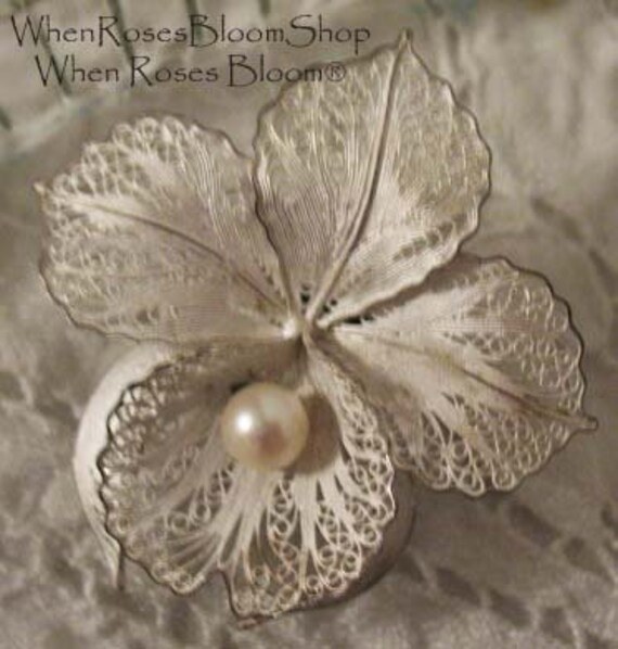 Vintage Floral Pin Brooch Silver Pearl Mid Centur… - image 2