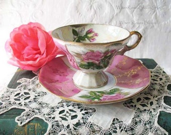 Vintage Footed Tea Cup Pink Roses Made Japan Mid Century Retro Elegant Tea Gift Victoria Downtown Tea Cottage Shabby Chic WhenRosesBloom