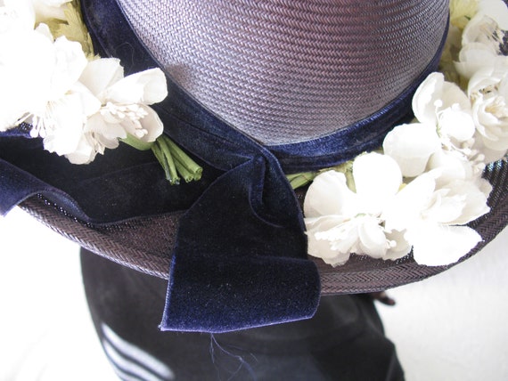 Vintage Blue Straw Hat Classic  Flowers Garden Te… - image 4