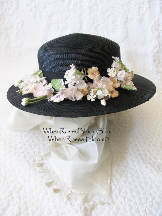 Vintage Black Straw Hat Classic  Flowers Garden T… - image 1