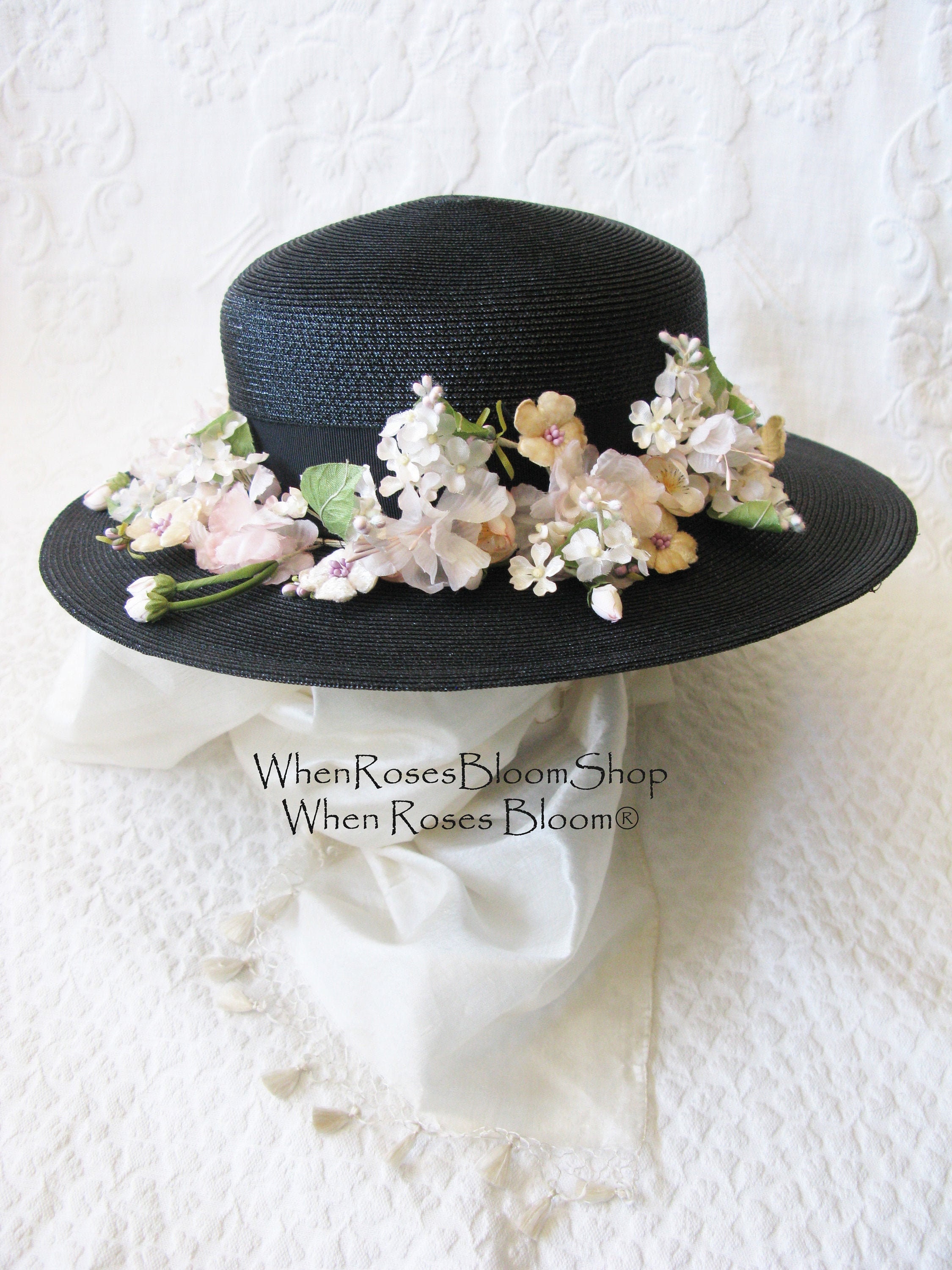 Vintage Black Straw Floral Sun Hat Wide Brim Silk Flowers Netting Garden Party 40s/50s Navy or Black Wide Brim Straw Picture Hat With Silk  main image 4