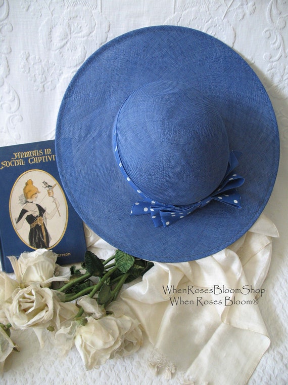 Vintage Blue Straw Hat Classic Romantic Tailored … - image 9