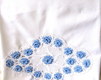 Vintage Pillowcase Irish Crochet Blue Rose Flower Shell Edge  Heirloom New Old Shabby Chic Farmhouse Cottage Style  WhenRosesBloom