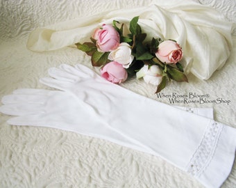 Vintage White Gloves Matinee Forearm Length Wedding Classic Retro Mid Century Bride Bridesmaid Downton Austen Cosplay When Roses Bloom