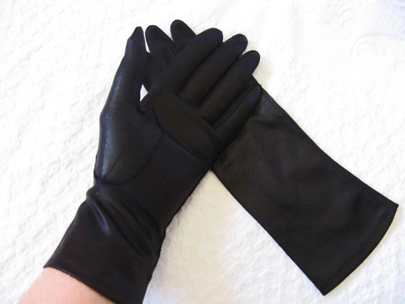 Vintage Gloves Black Sz 6 1/2 Faux Leather Vegan … - image 3