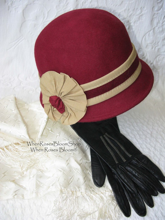 Vintage Hat Red Wine Cloche Tea Wedding Garden Party Retro Tailored Elegance Downton Miss Phryne Fisher Gatsby Cosplay Style WhenRosesBloom