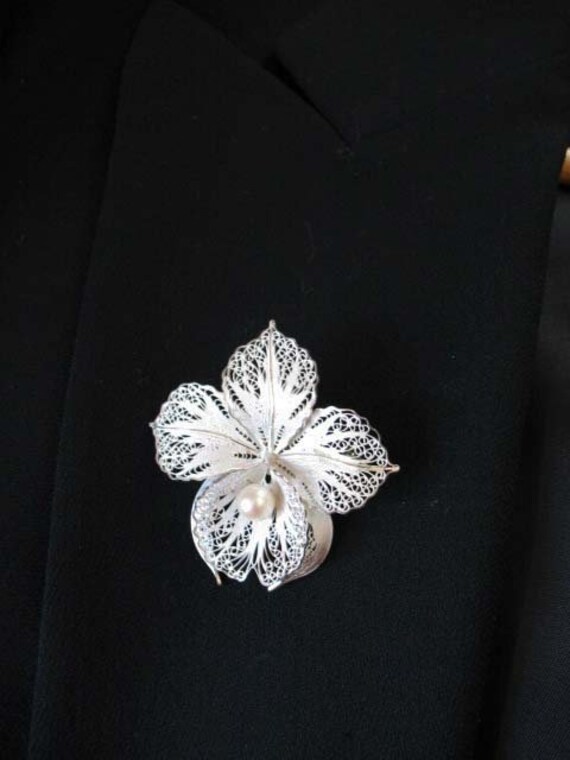 Vintage Floral Pin Brooch Silver Pearl Mid Centur… - image 5