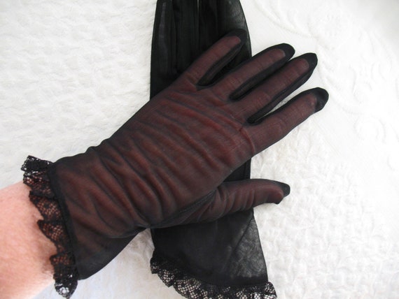 Vintage Gloves Sheer Black Sz 7.5 Retro Mid Centu… - image 2