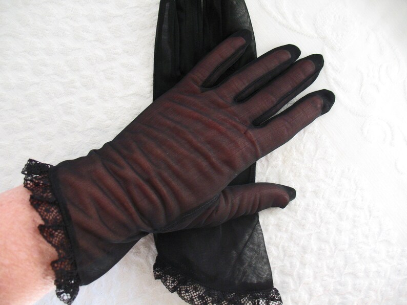 Vintage Gloves Sheer Black Sz 7.5 Retro Mid Century 40s 50s NOS Tea Dance Wedding Downton Steampunk Cosplay Free Ship US WhenRosesBloom image 2